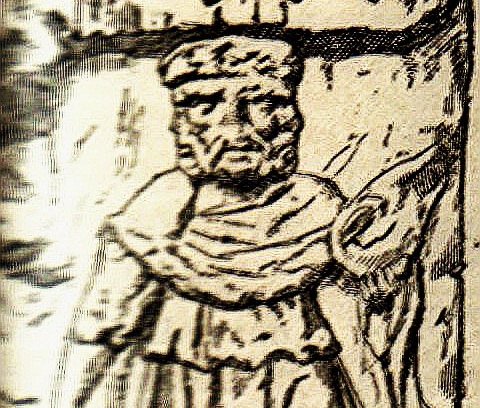 engraving of the Irish god Lugh, shown with three faces