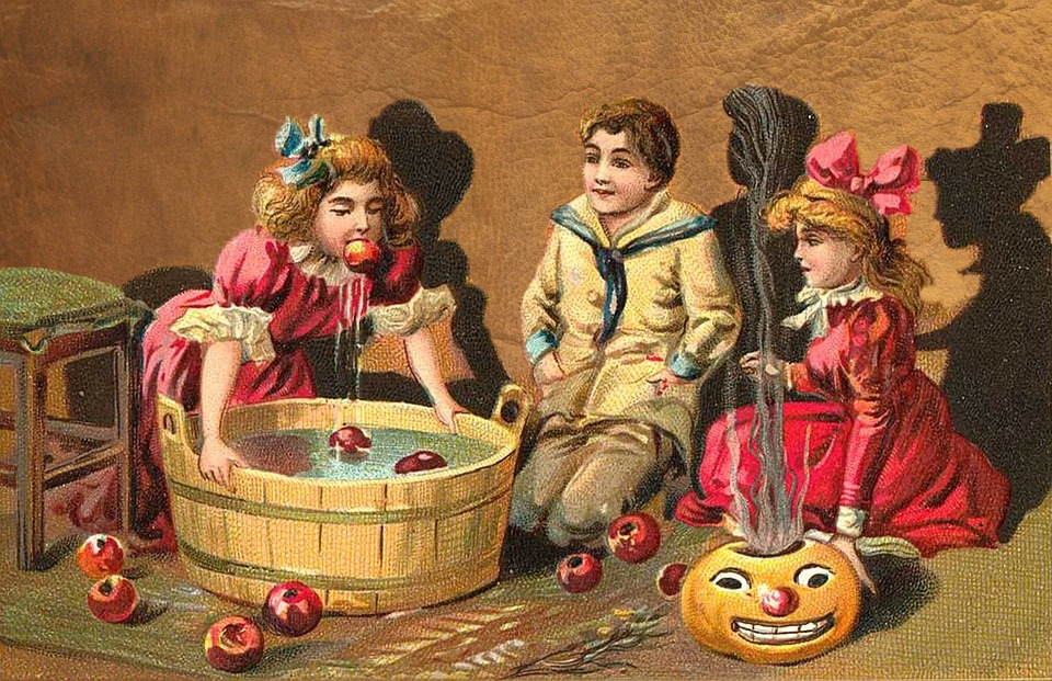 illustration of children sitting around a barrel full of apples floating in water