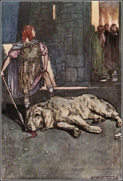 illustration of an Irish warrior slaying a massive hound