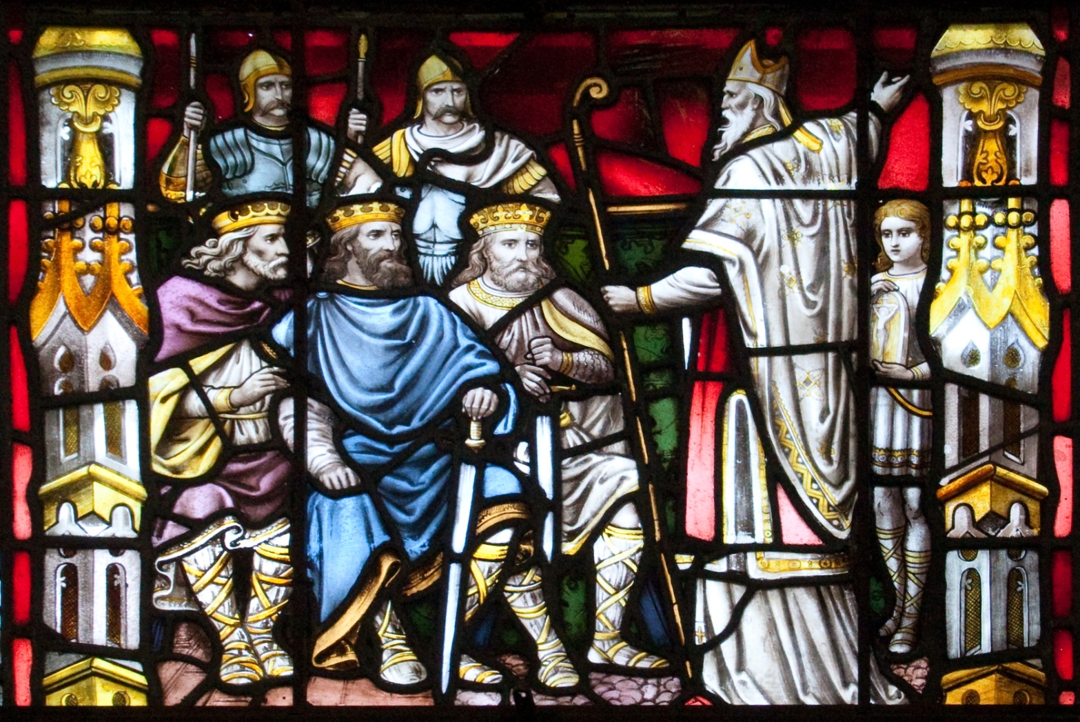 stained glass window showing St. Patrick preaching to Irish kings