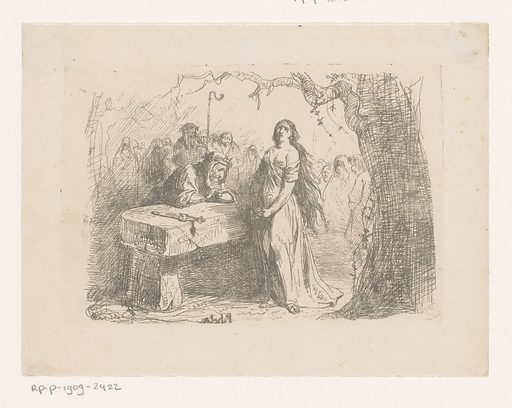 Young woman among druids at a sacrificial table. Date: 1842.